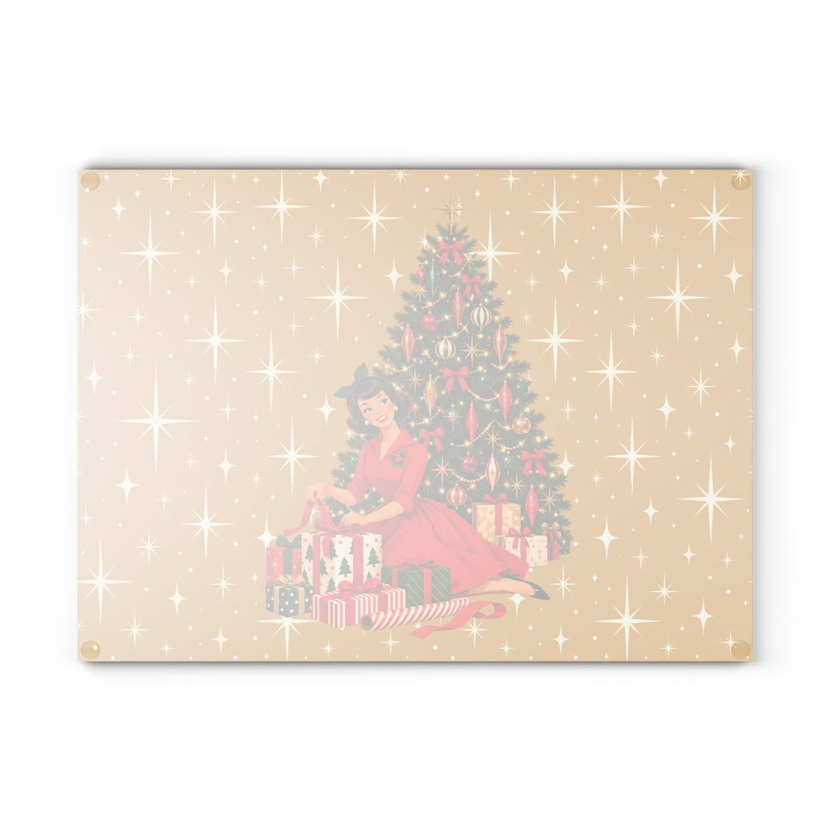 Mid Century Modern Christmas Glamour Gal Wrapping Presents by Tree, Gold Atomic Starbursts Glass Cutting Board