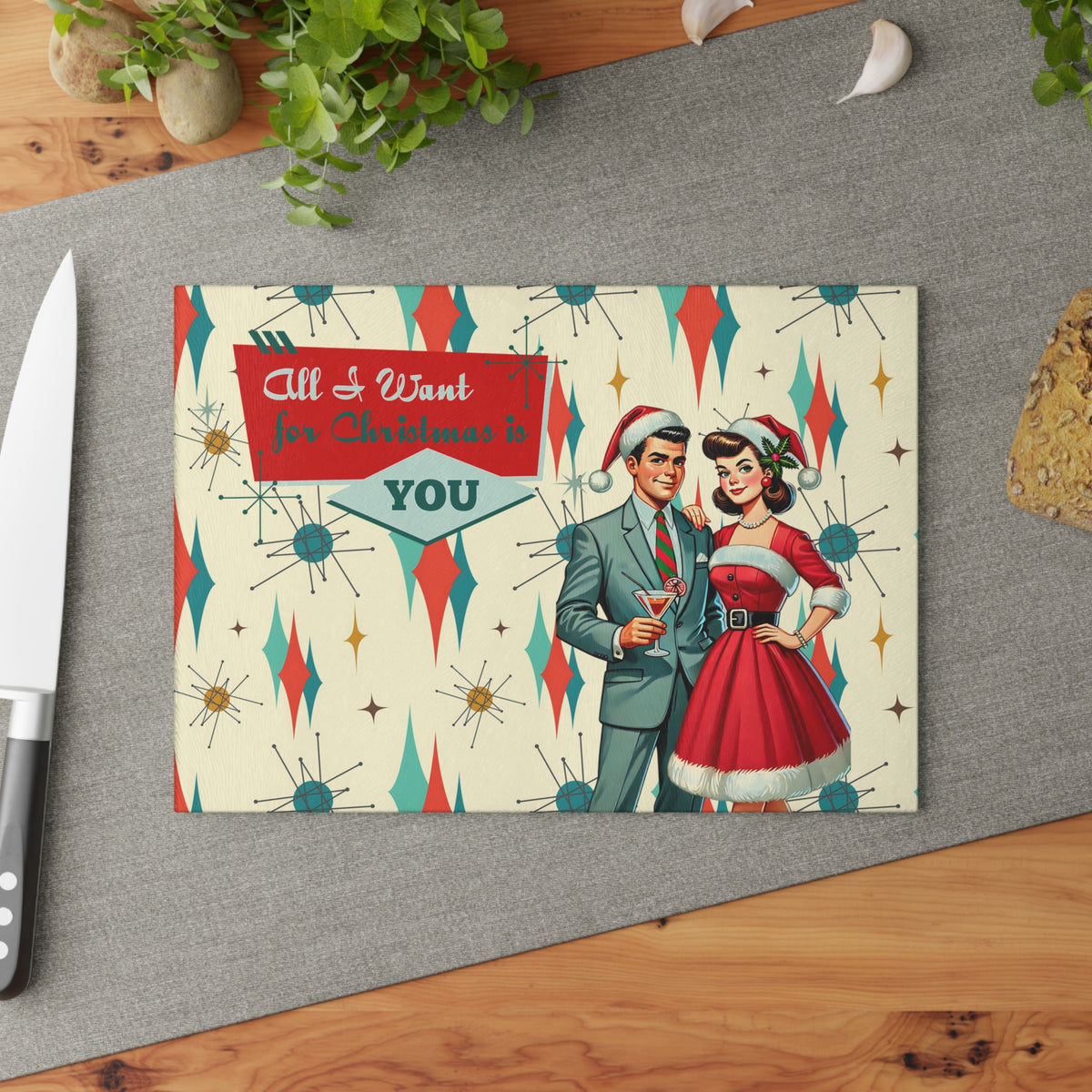 Mid Century Christmas Kitschy 50s Style Cheese Board, Holiday MCM Barware Glass Cutting Board - Mid Century Modern Gal