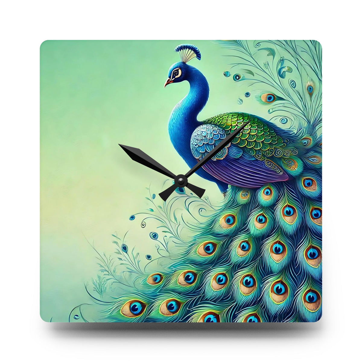 Vibrant Peacock Acrylic Wall Clock - Colorful Home Decor for Nature Lovers - Mid Century Modern Gal