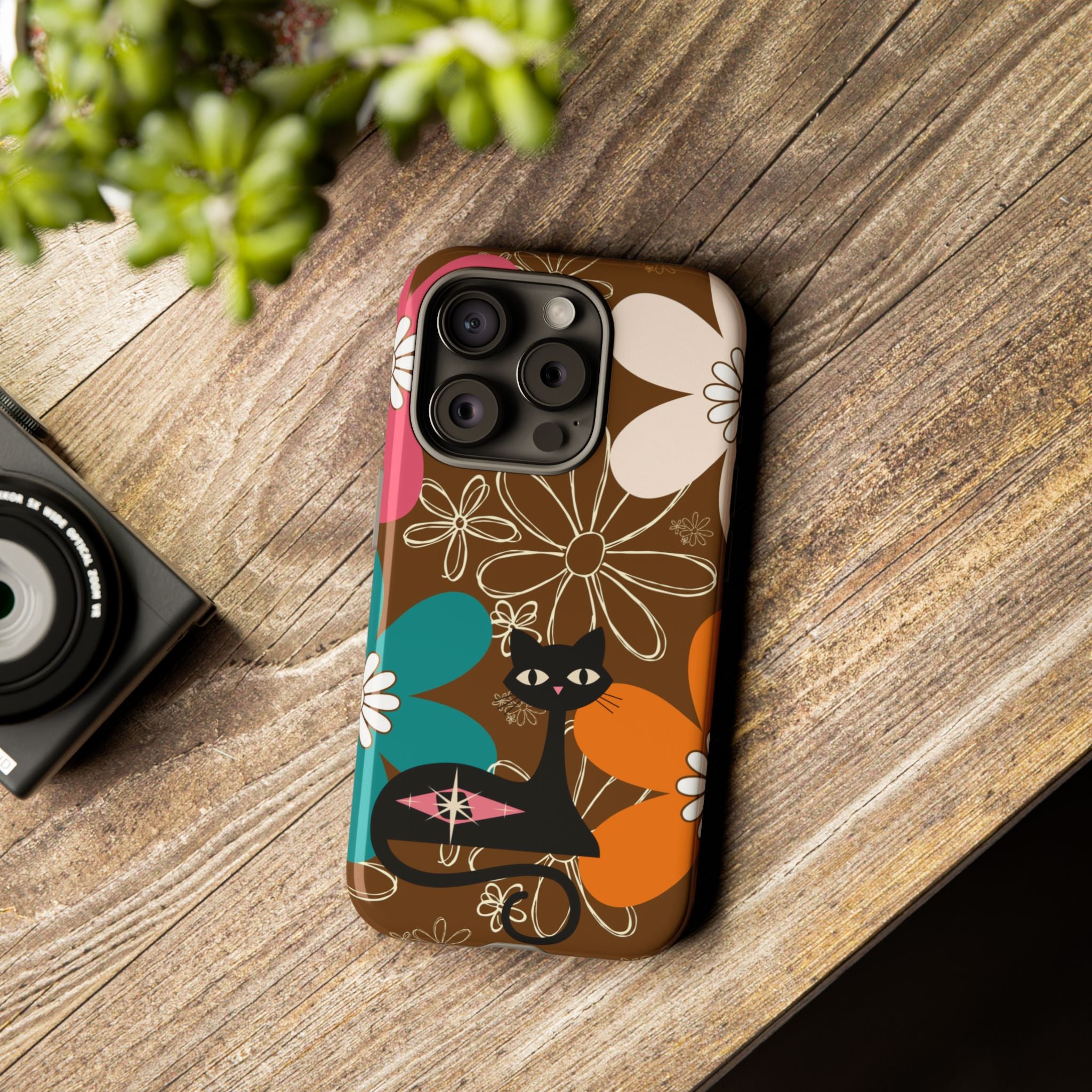 Atomic Cat Retro 70s Vibe Flower Power Tough Cases: Cute Floral and Cat Phone Case for Cat Lovers