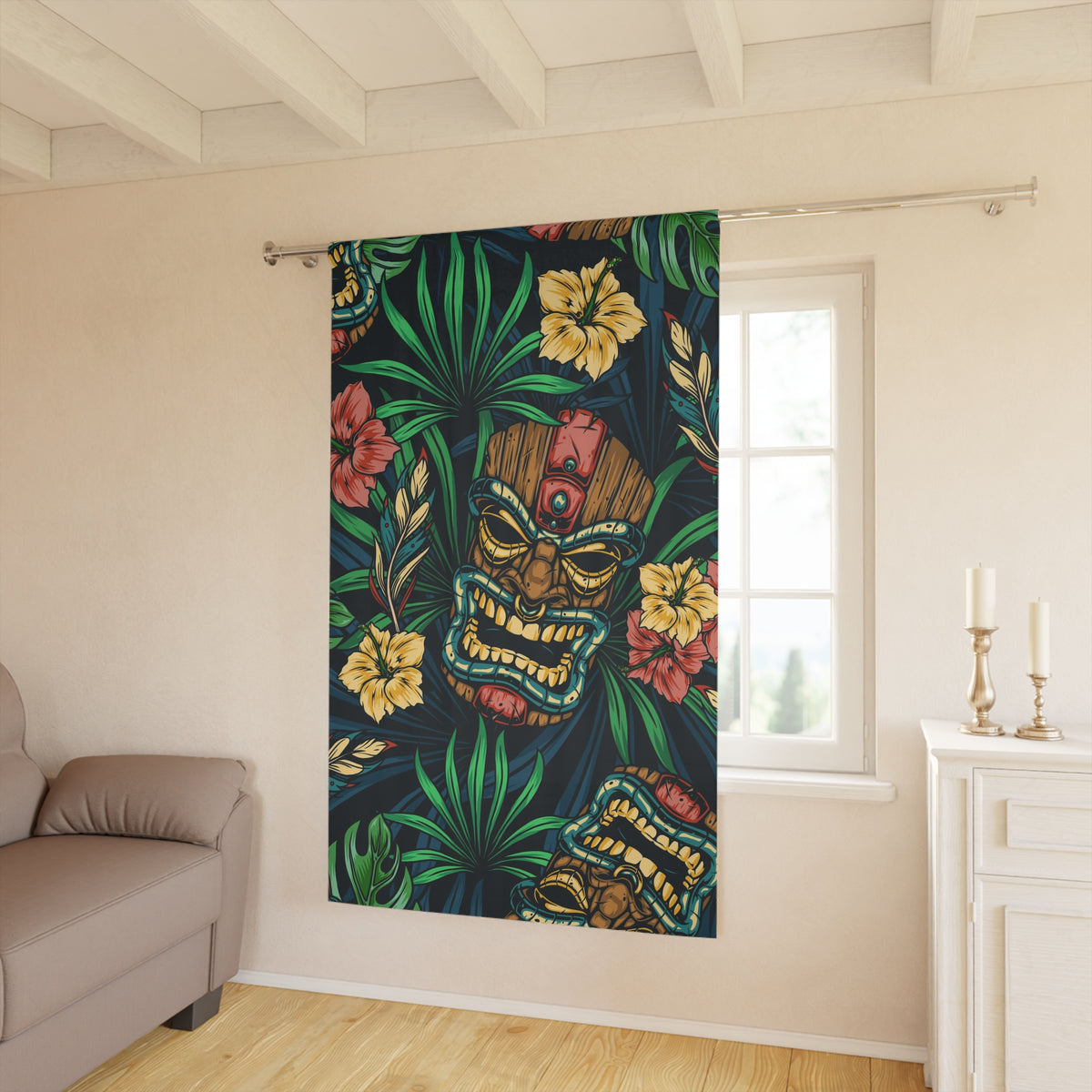 Tiki Idol Man Blackout Tropical Tiki Window Curtain - Vibrant Home Decor, Boho Style, Gift for Plant Lovers, Hawaiian Theme, Summer Vibes - Mid Century Modern Gal