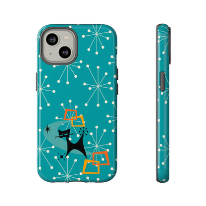 Atomic Space Cat, Starburst Blue, Retro Groovy Smart Phone Tough Phone Cases