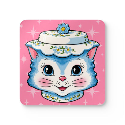 Mid Century Modern Kitschy Anthropomorphic Blue Cat with Floral Hat Corkwood Coaster Set - Mid Century Modern Gal