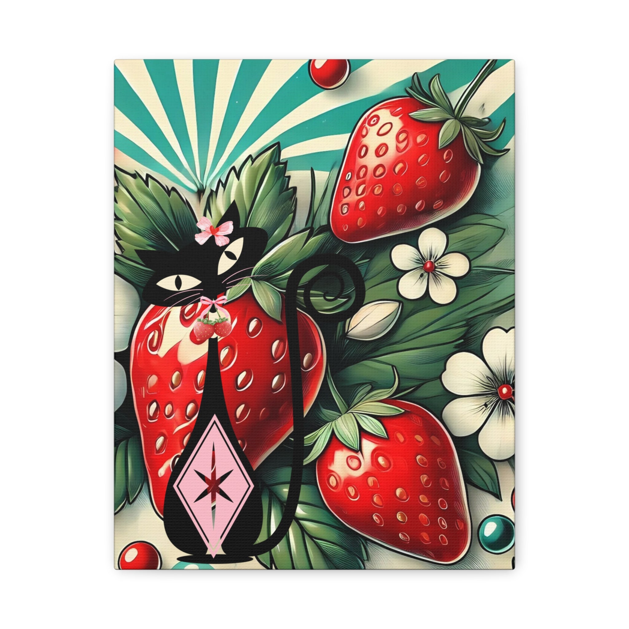 Retro Atomic Cat and Strawberry Wall Art Canvas - Vibrant Home Decor - Mid Century Modern Gal