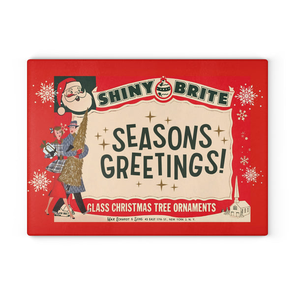 Shiny Brite 50s Mid Century Modern Kitschy Christmas Cheese Board, Holiday Entertaining Glass Cutting Board