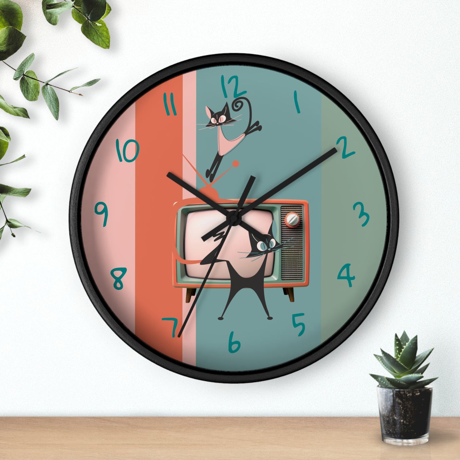 Atomic Cat Wall Clock, Mid Century Modern TV, Kitschy Black Cats, Whimsical Retro Cat Mom Gift For Bedroom, Livingroom, Kitchen