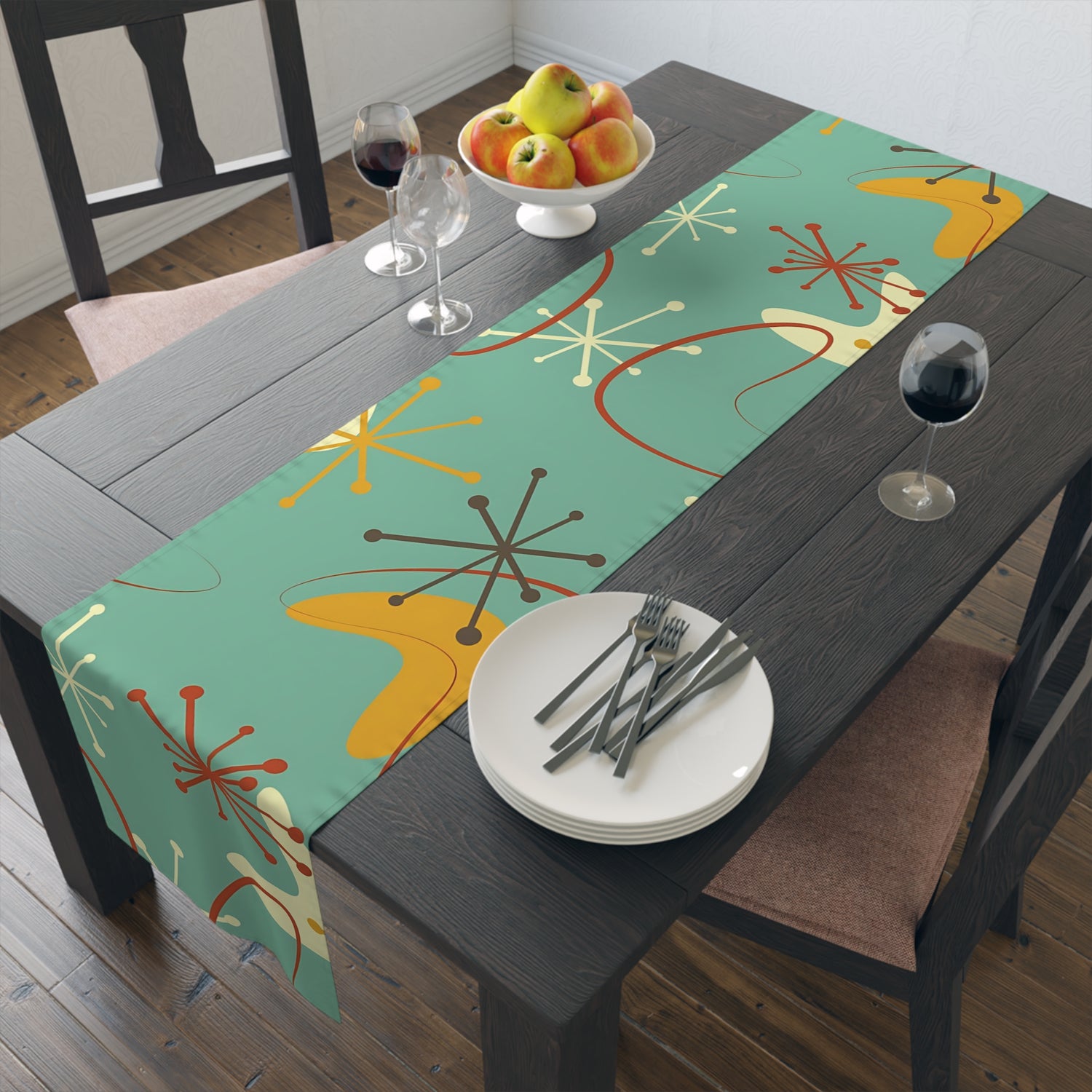 modern dresser runner Mid Century Modern Mint Blue Grass Mustard yellow Retro Abstract MCM Home  Decor Table Runner
