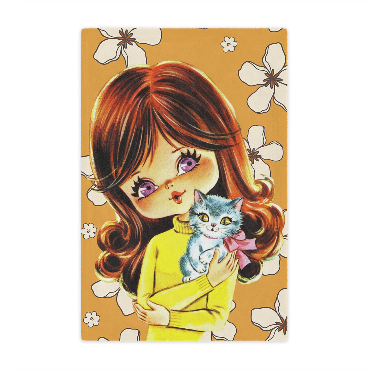 70's Flower Power Pillow, Big Eyed Girl, Violet, Brown Reddish Auburn Hair, Sweet Days Of the 70's, Kitschy Kittie Cat, Retro Minky Blanket - Mid Century Modern Gal