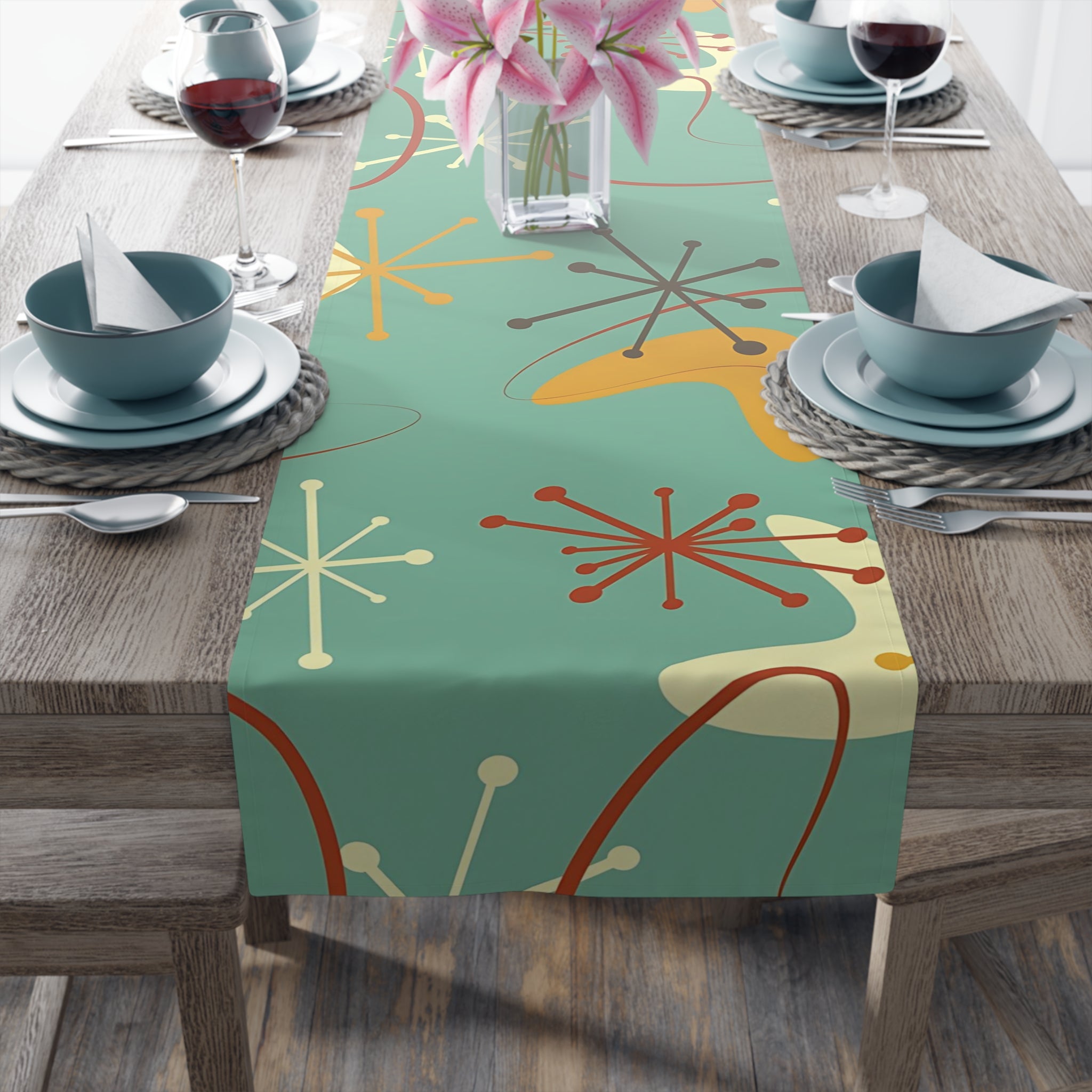 Mid Century Modern Mint Blue Grass Mustard yellow Retro Abstract MCM Home Decor Table Runner - Mid Century Modern Gal