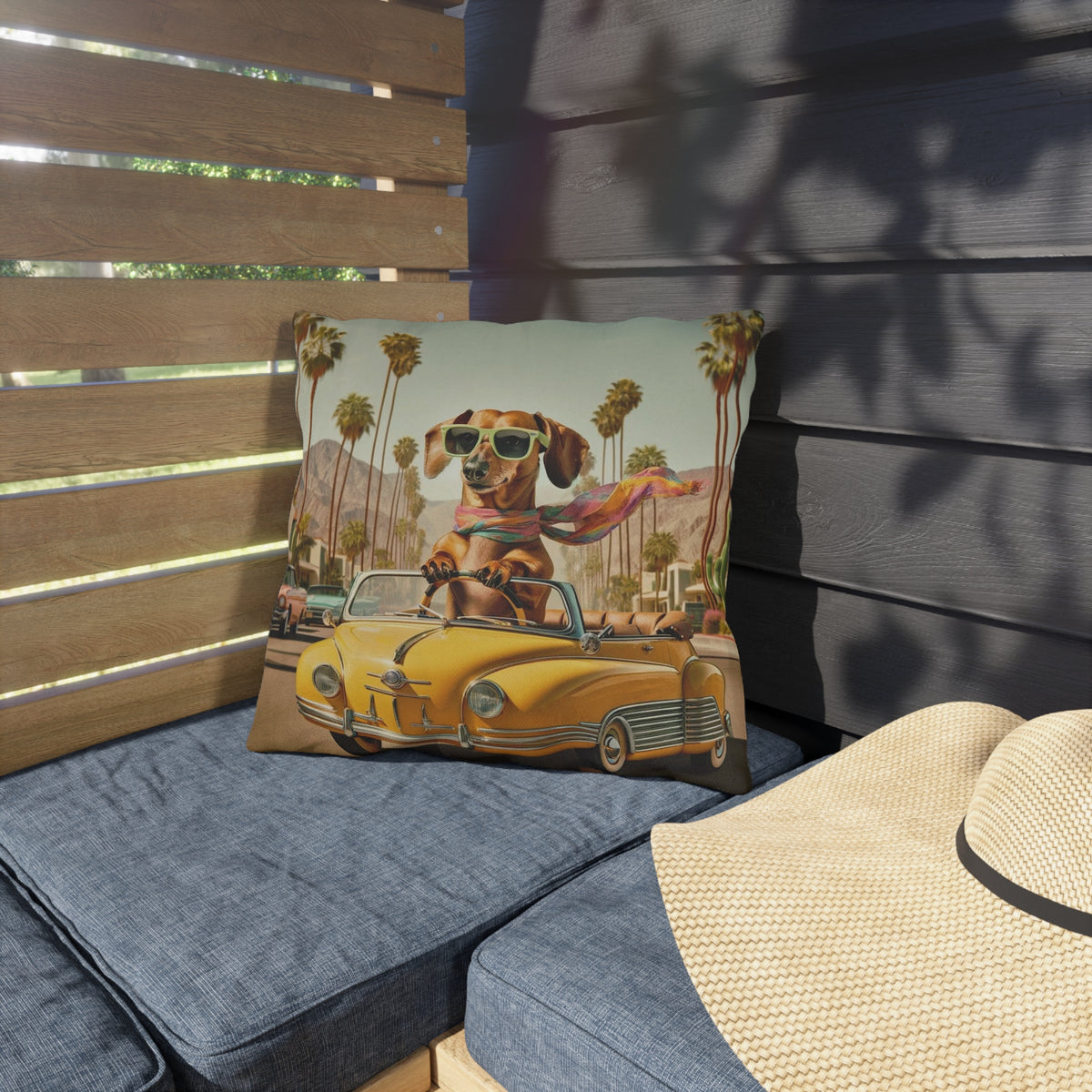 Doxie Dog, Retro Palm Springs Cali Kitschy Fun Outdoor Pillows - Mid Century Modern Gal