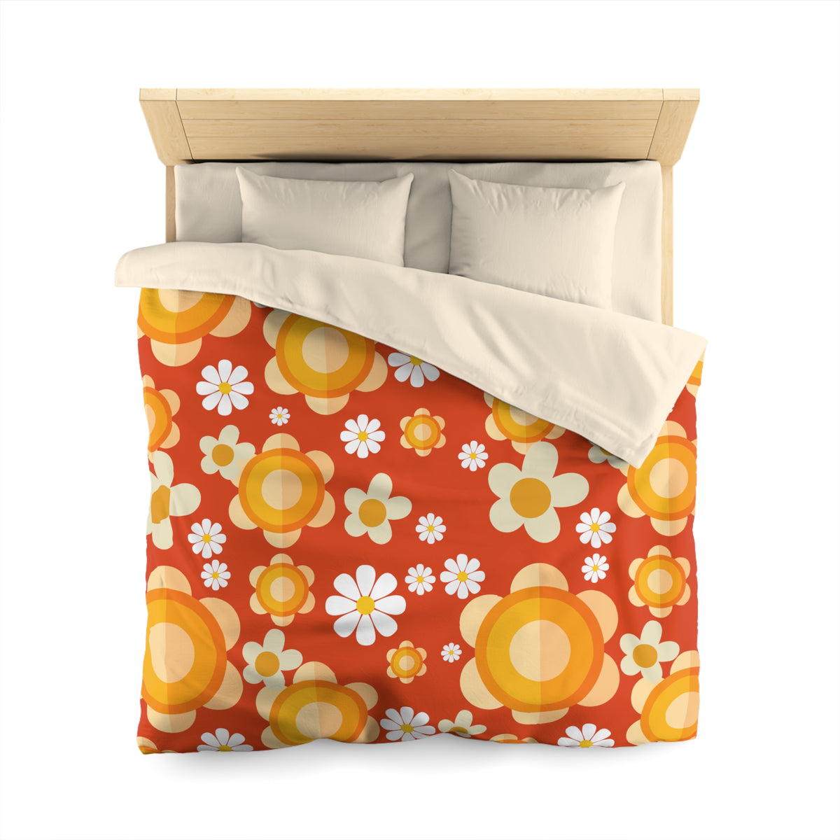Retro Bedding Orange, White, Mod Daisy 70's Funky Groovy Hippie Queen Microfiber Duvet Cover - Mid Century Modern Gal