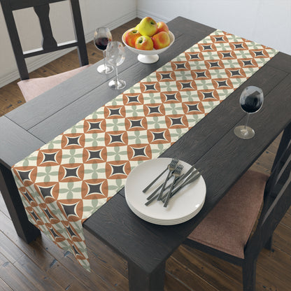 Mid Century Modern Interlocking Geometric, Terracotta Sage Charcoal Table Runner - Mid Century Modern Gal