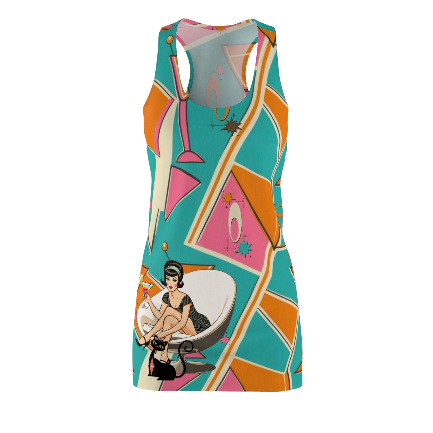 Mid Century Modern Gal Vintage Cocktail Racerback Dress - Colorful Retro Party Style XL Mid Century Modern Gal Vintage Cocktail Racerback Dress - Colorful Retro Party Style XL