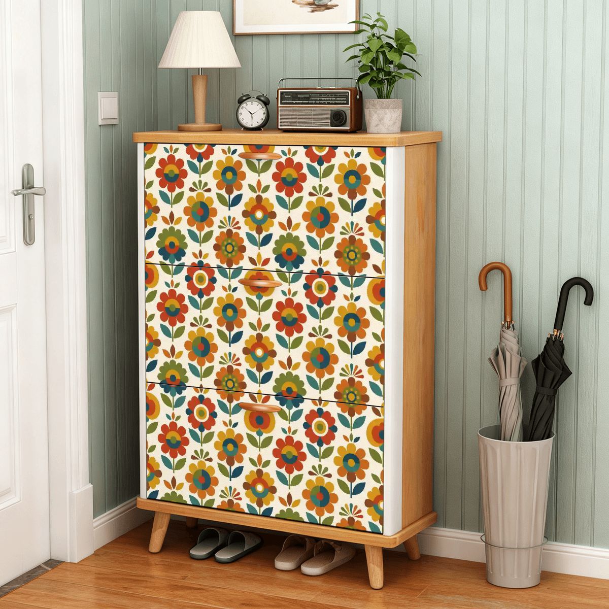 Mid Century Modern Scandinavian Floral Earth Tones Shoe Cabinet