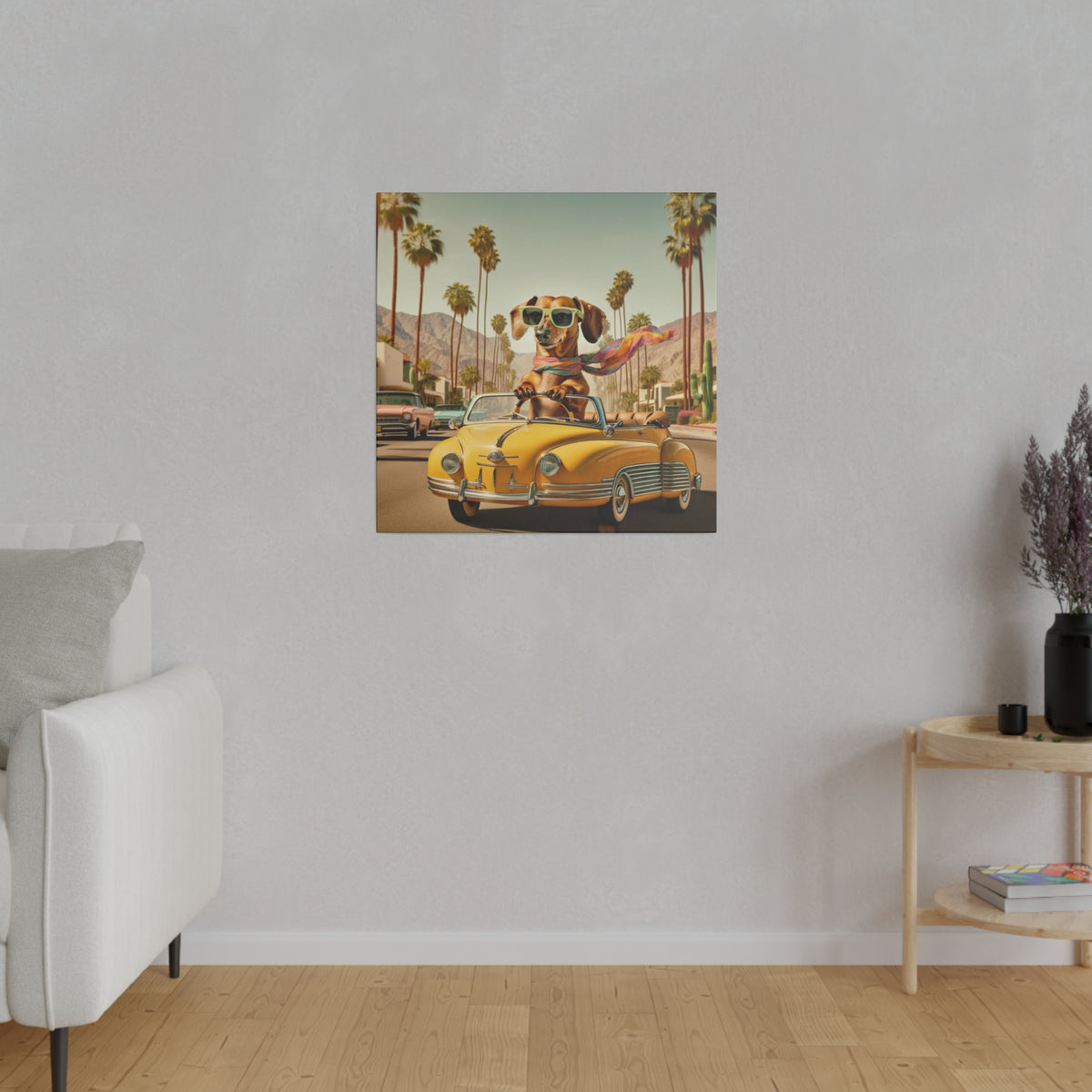 Funny Doxie Dachshund Palm Spring California Driving 50s Inspired Kitschy Wall Art - Mid Century Modern Gal