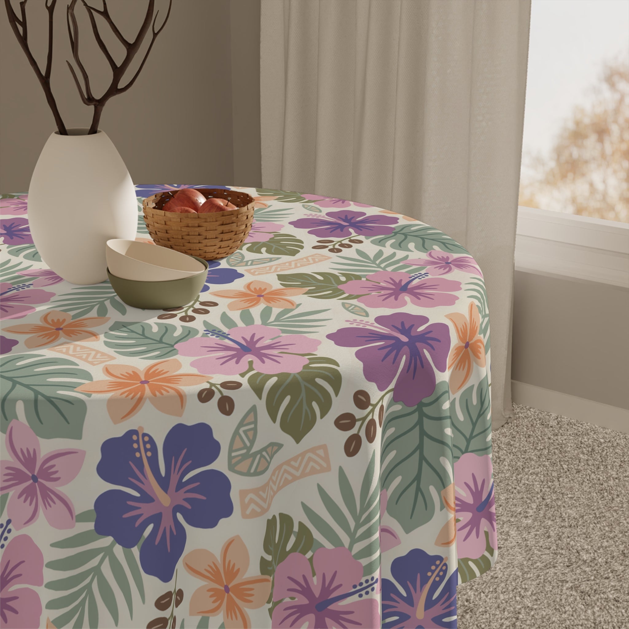 Retro Tropical Tiki Summer, Hawaiian Hibiscus Purple Tablecloth - Mid Century Modern Gal