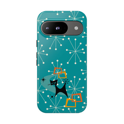 Atomic Space Cat, Starburst Blue, Retro Groovy Smart Phone Tough Phone Cases