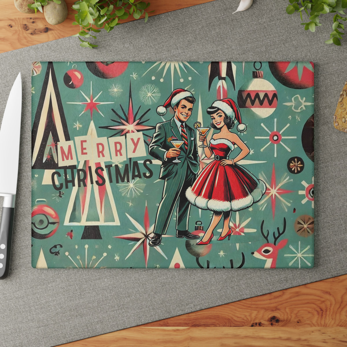 Mid Century Modern Kitschy 50s Holiday Cheese Board, Glass Cutting Board - Mid Century Modern Gal