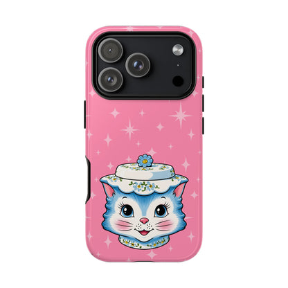 Mid Century Modern Kitschy Anthropomorphic Blue Cat with Floral Hat Tough Phone Case