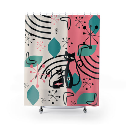 Mid Century Modern Atomic Kitschy Cats, Pink, Aqua Retro Bathroom Shower Curtain - Mid Century Modern Gal