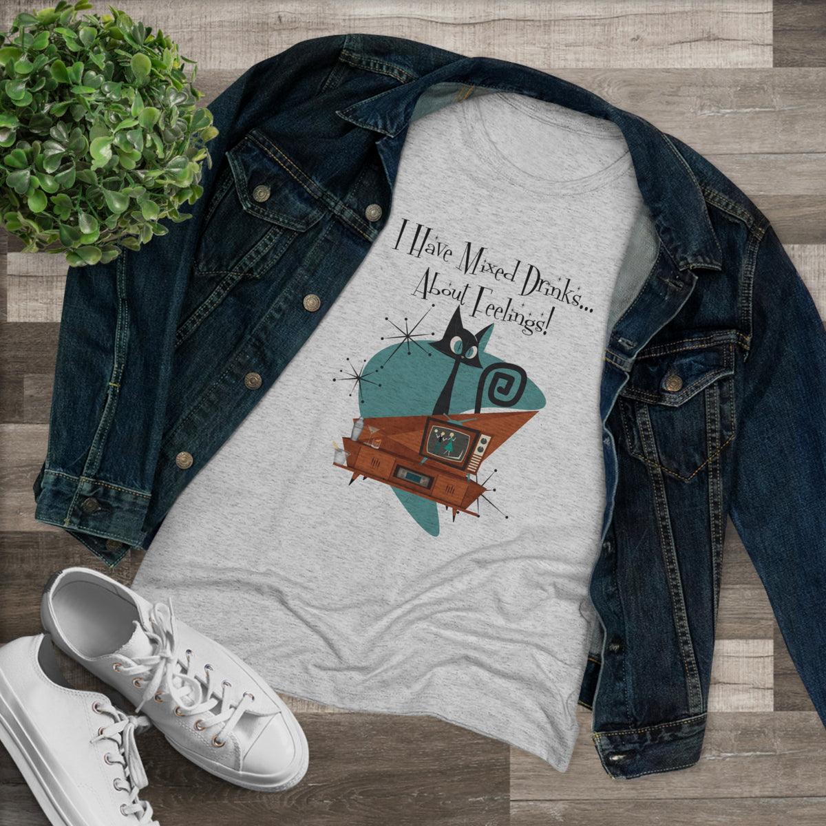 Atomic Kitschy Cat, Funny Cocktail Tee, Mid Century Modern Style Women's Triblend Tee - Mid Century Modern Gal