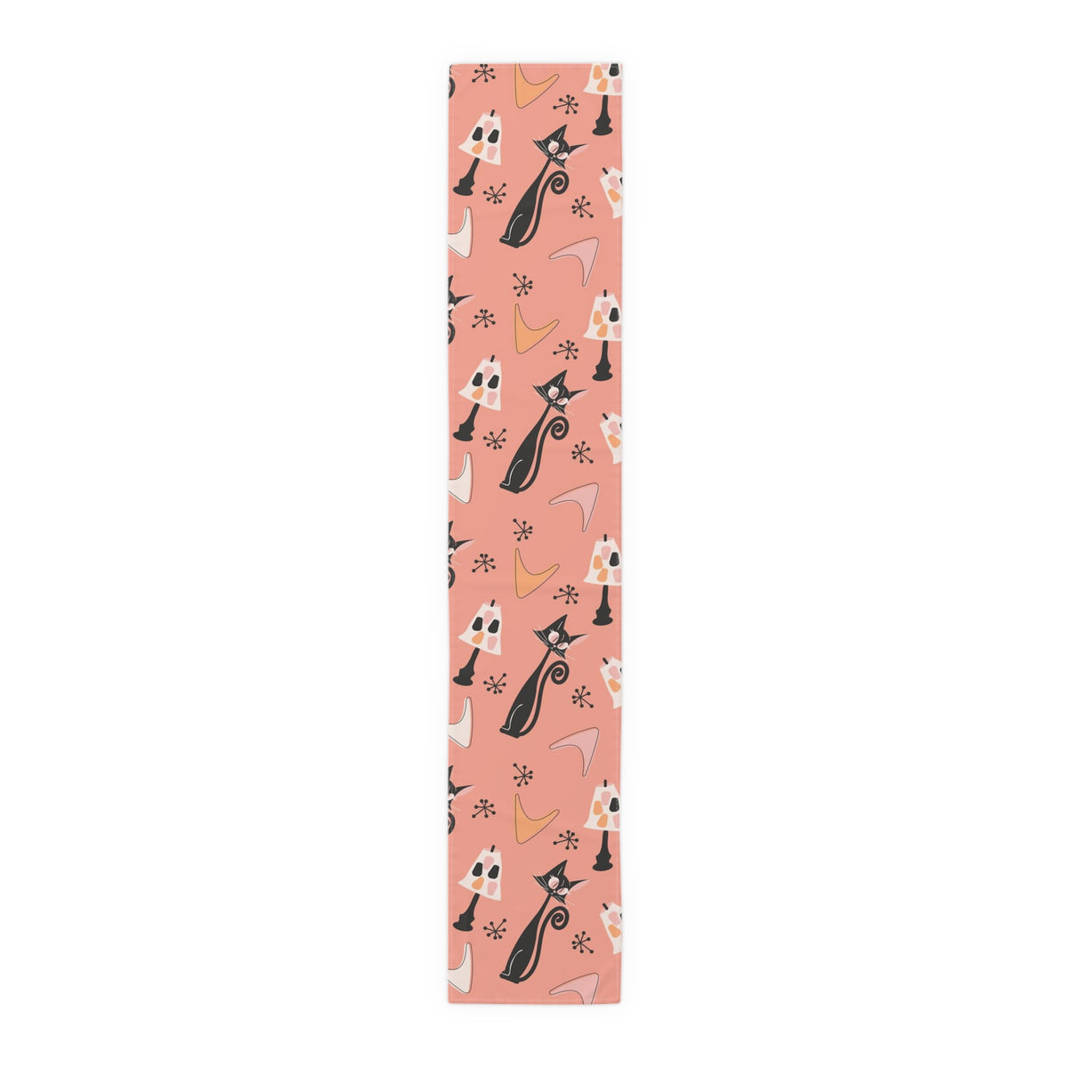 Atomic Cat Table Runner, Coral, Black White Kitties, Boomerang Pattern With Quirky Lamps, Mid Century Modern Table Decor - Mid Century Modern Gal