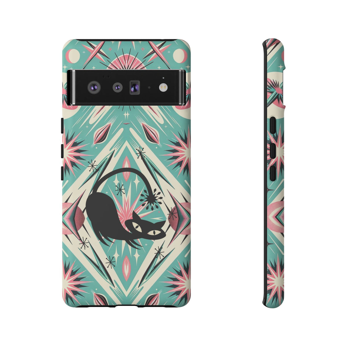 Atomic Cat, Mid Century Modern Aqua Blue, Pink, Starbursts Tough Phone Case