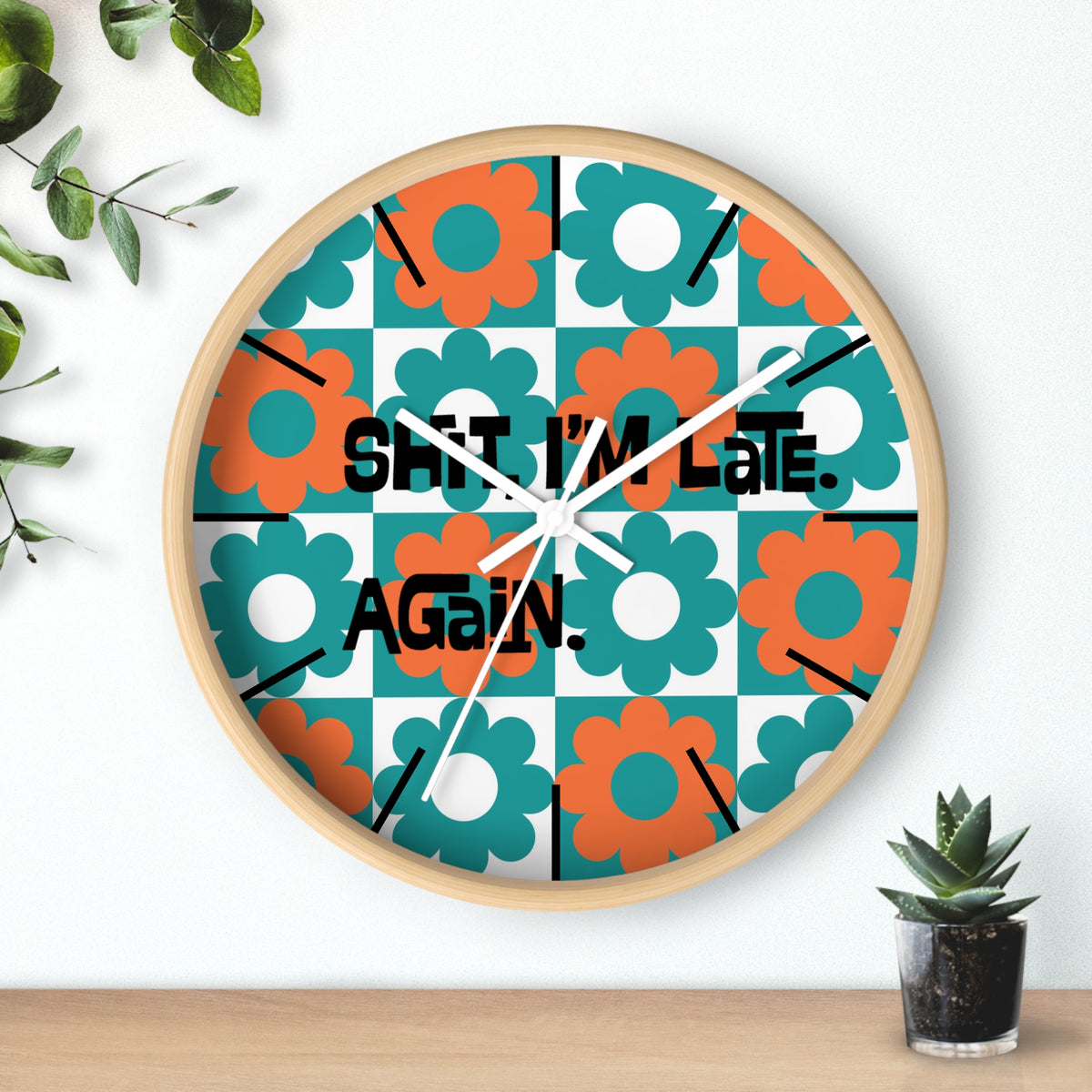 Retro Flower Clock, Funny I'm Late, Flower Power 70s Style Round Wall Clock - Mid Century Modern Gal