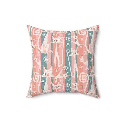 Atomic Cat Coral Pink And Aqua, Kitschy White Kitty Cat, Mid Century Modern Pillow And Insert