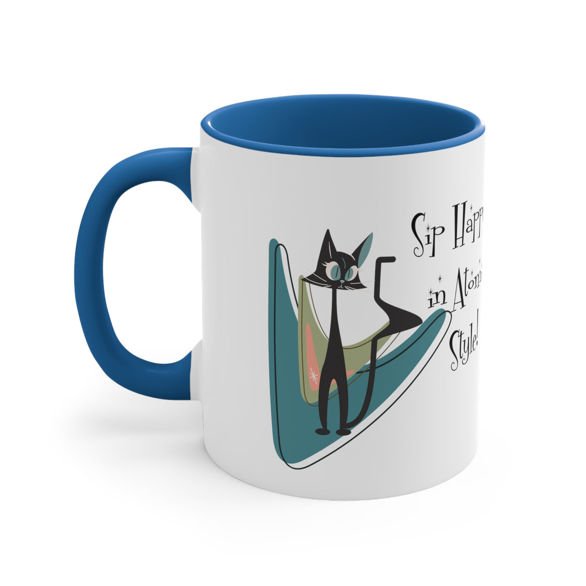 Atomic Cat, Mid Century Modern Drinkware, Coffee Mug, Sip Happens, Retro Boomerang, Kitschy Funny Coffee Lover Gifts - Mid Century Modern Gal
