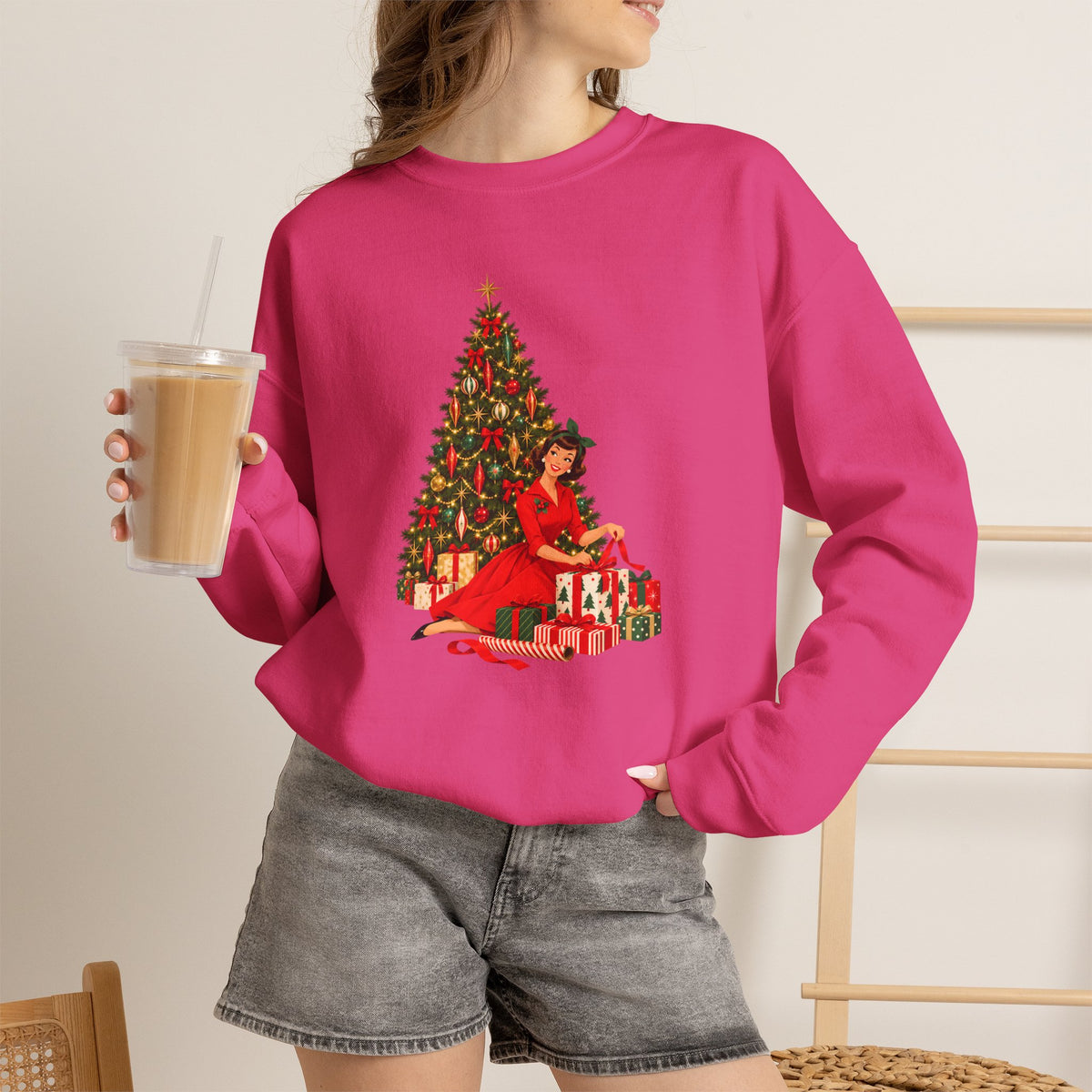 Mid Century Modern Christmas Glamour Gal Wrapping Presents by Tree Unisex Heavy Blend™ Crewneck Sweatshirt - Mid Century Modern Gal
