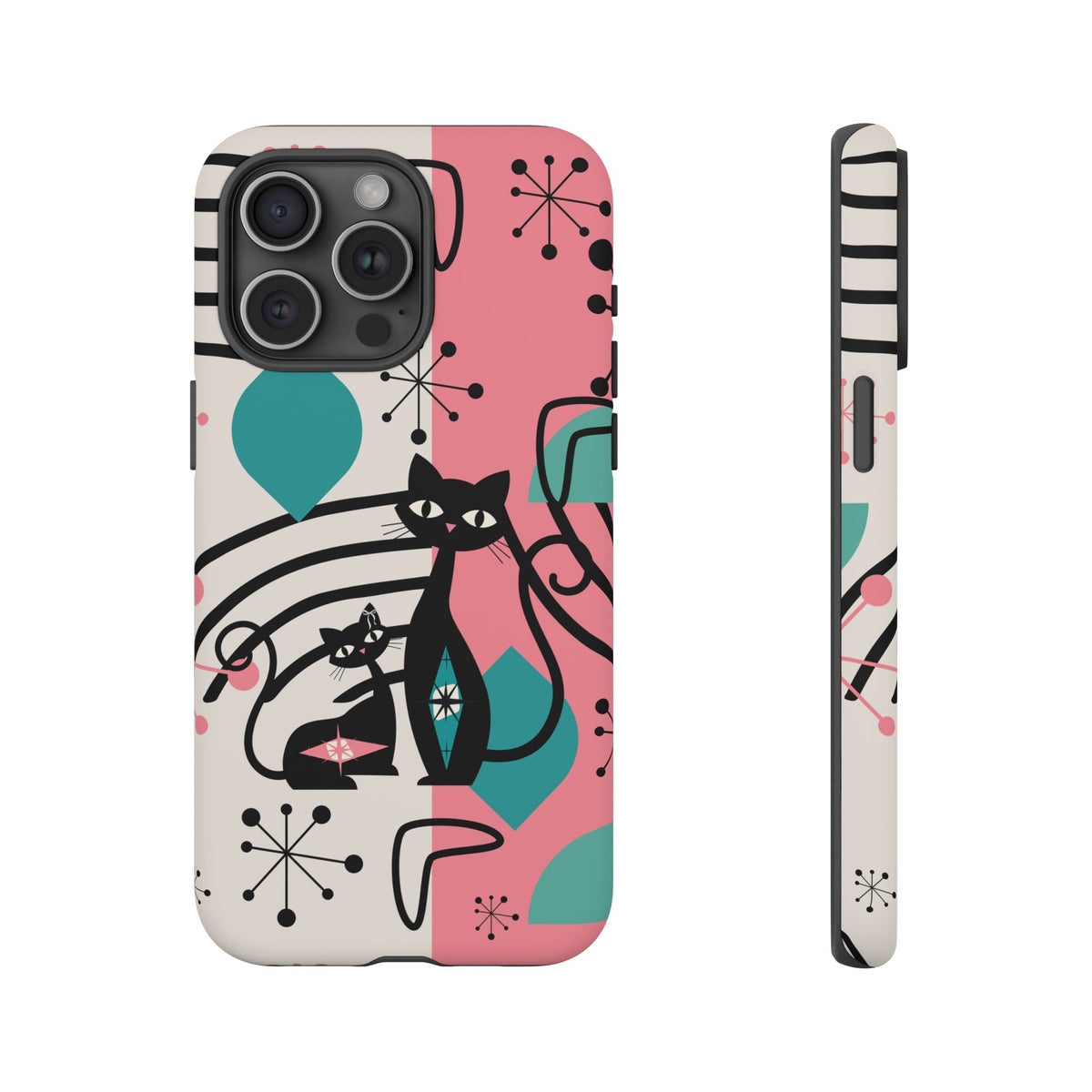 Mid Mod Atomic Cat Boomerang Starburst, Pink, Black Kitschy Stylish Cat Phone Case: Modern Design for Cat Lovers - Mid Century Modern Gal