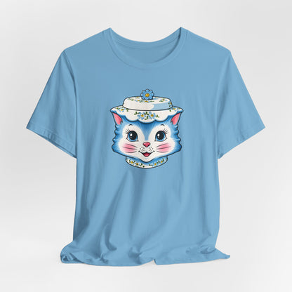 Mid Century Modern Kitschy Anthropomorphic Blue Cat with Floral Hat Unisex T-Shirt