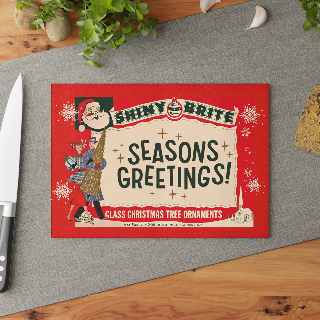 Shiny Brite 50s Mid Century Modern Kitschy Christmas Cheese Board, Holiday Entertaining Glass Cutting Board - Mid Century Modern Gal