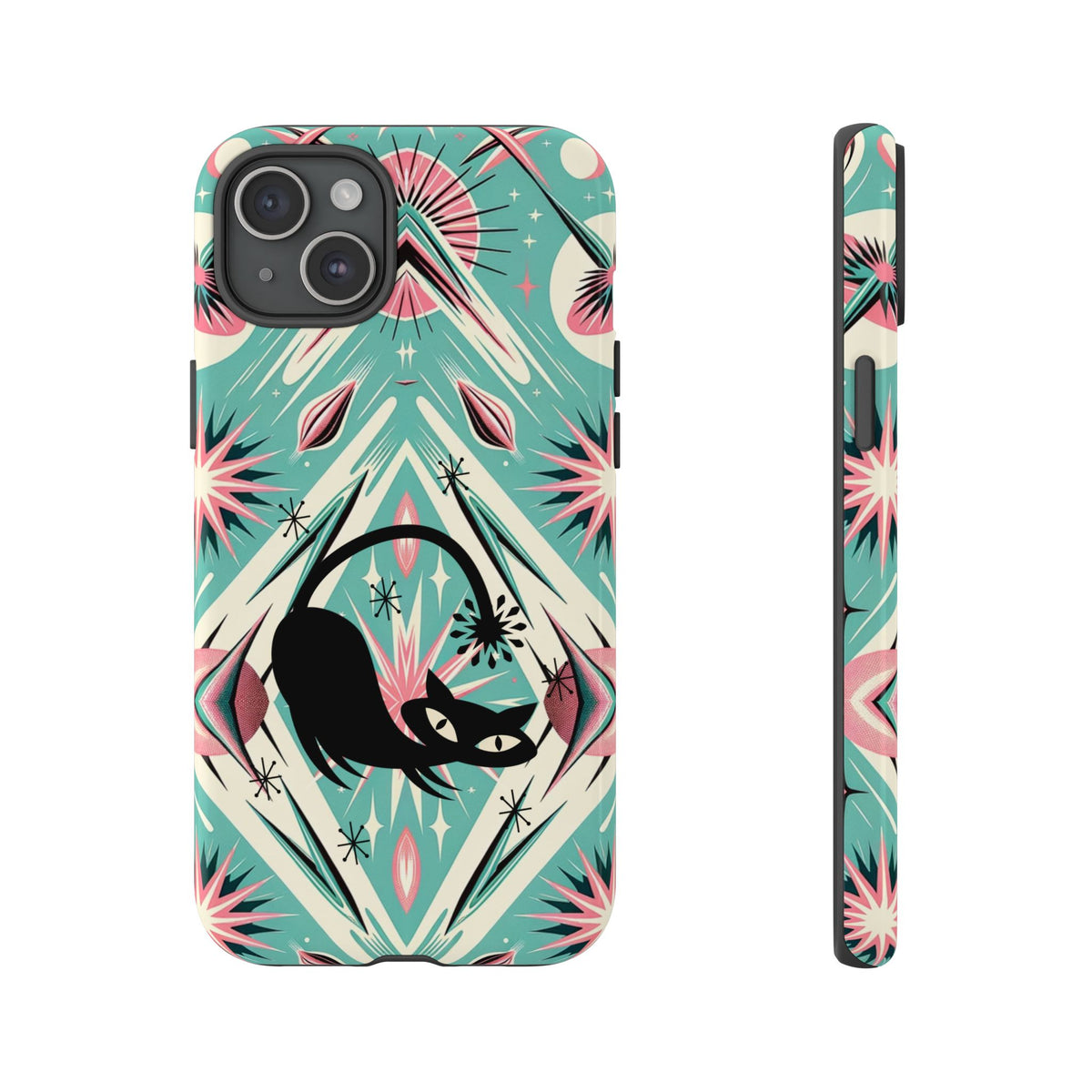 Atomic Cat, Mid Century Modern Aqua Blue, Pink, Starbursts Tough Phone Case