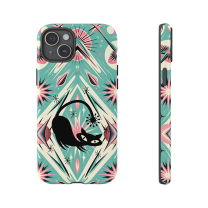Atomic Cat, Mid Century Modern Aqua Blue, Pink, Starbursts Tough Phone Case