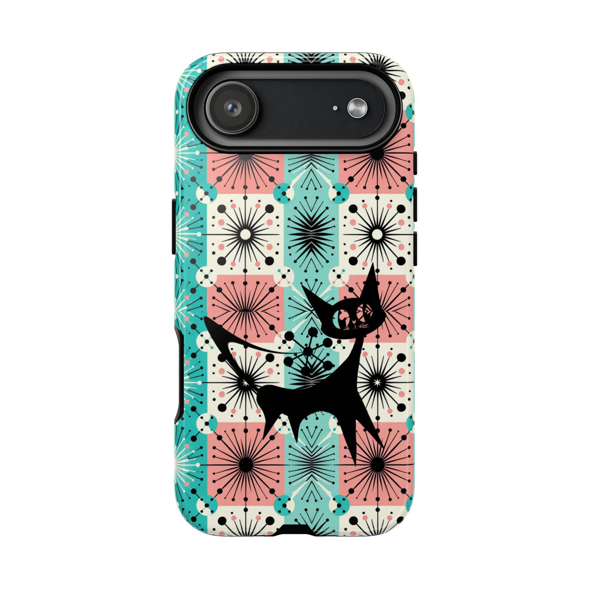 Atomic Kitschy Cat, Mid Century Modern Pink, Aqua Starbursts Tough Phone Case