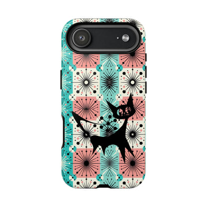 Atomic Kitschy Cat, Mid Century Modern Pink, Aqua Starbursts Tough Phone Case