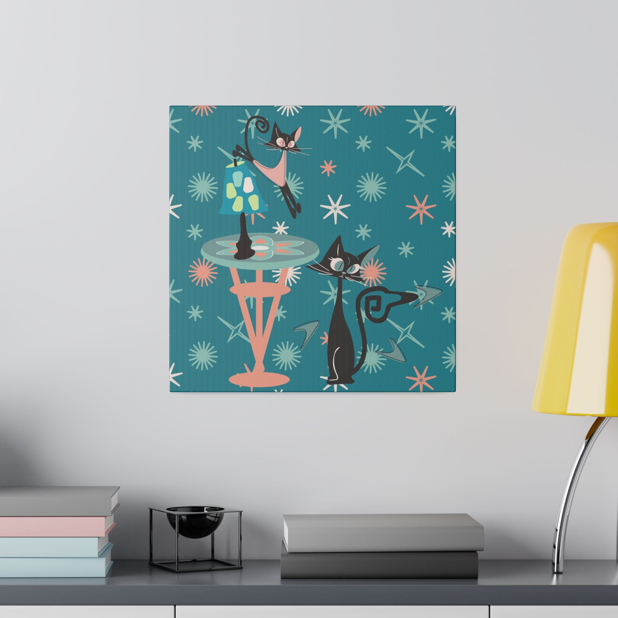 Crazy Atomic Cats, Cat Mom, Kitschy Mid Century Modern Teal Blue, Coral Pink, Mid Century Modern Wall Art