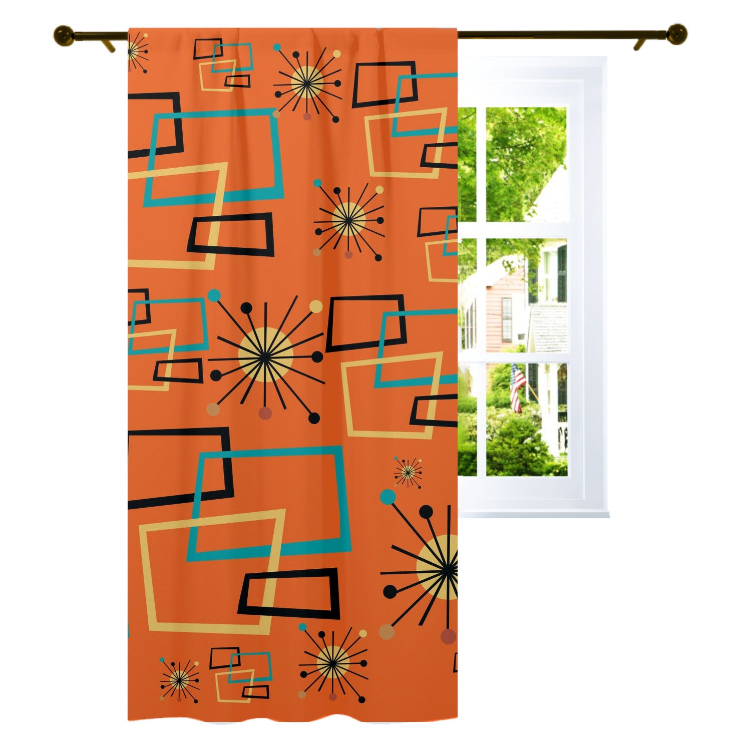 Mid Century Modern Atomic Starburst Orange Curtain, Single Panel - Mid Century Modern Gal