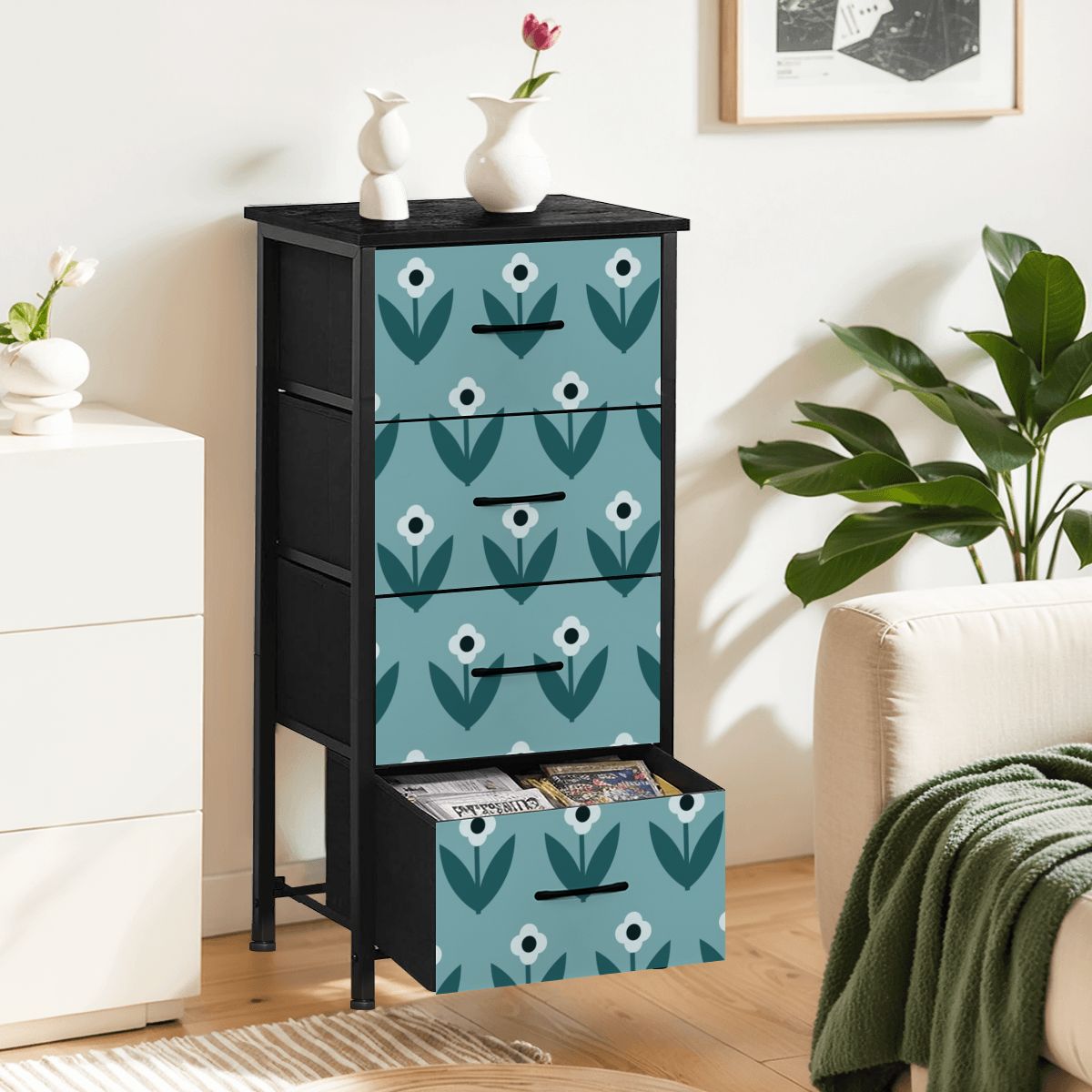 Scandinavian Teal Floral Mid Century Modern 4-Drawer Dresser