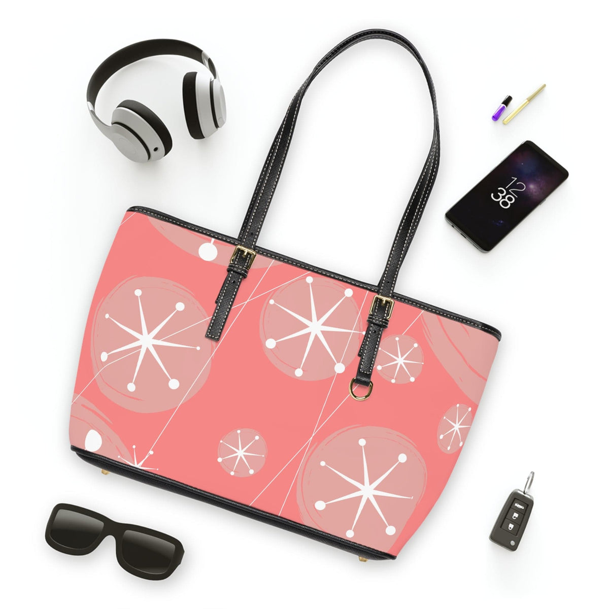 Atomic 50's Starburst, Retro Pink, Mid Mod Shoulder Bag Bags 16" x 10" / Black