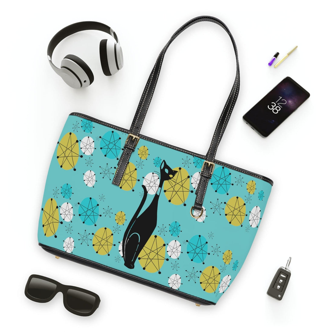 Atomic Cat Designed Aqua Blue, Franciscan Starburst, Kitschy Fun Shoulder Bag Bags 16&quot; x 10&quot; / Black