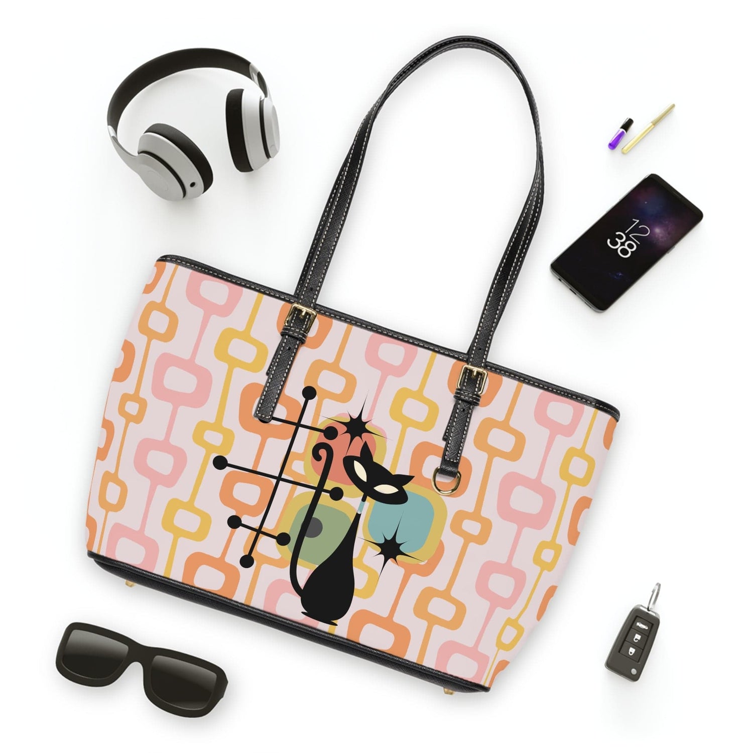 Atomic Cat, Mid Century Mod, Geometric Orange, Pink, Retro Shoulder Bag Bags 16&quot; x 10&quot; / Black