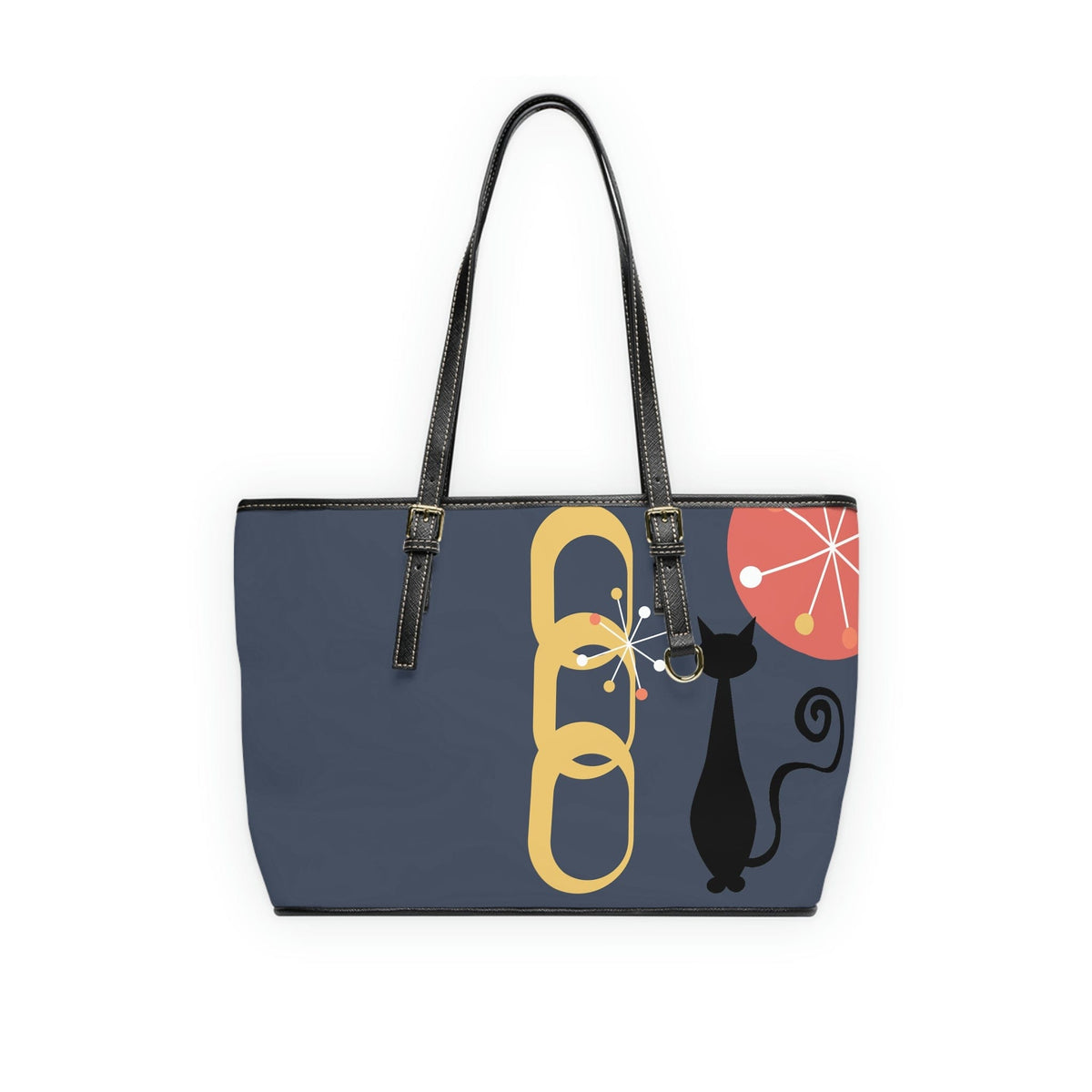 Atomic Cat, Midnight Blue, Mid Century Modern Style Leather Shoulder Bag Bags 16" x 10" / Black