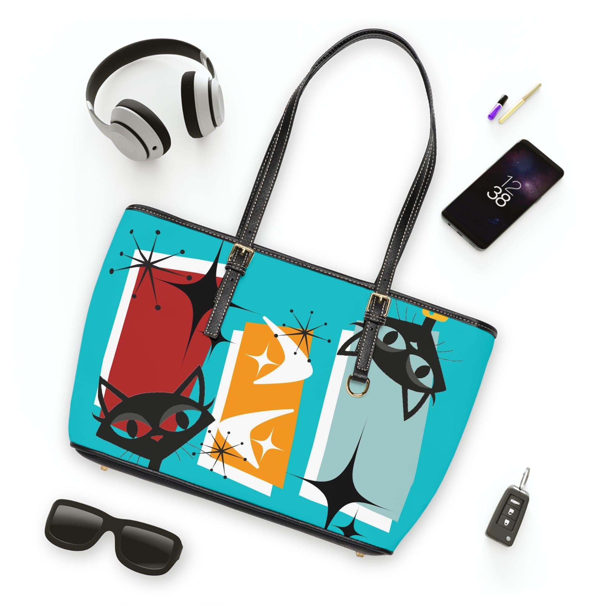 Atomic Kitschy Cat, Retro Shoulder Bag In Aqua Blue And Quirky Fun Design Bags 16&quot; x 10&quot; / Black