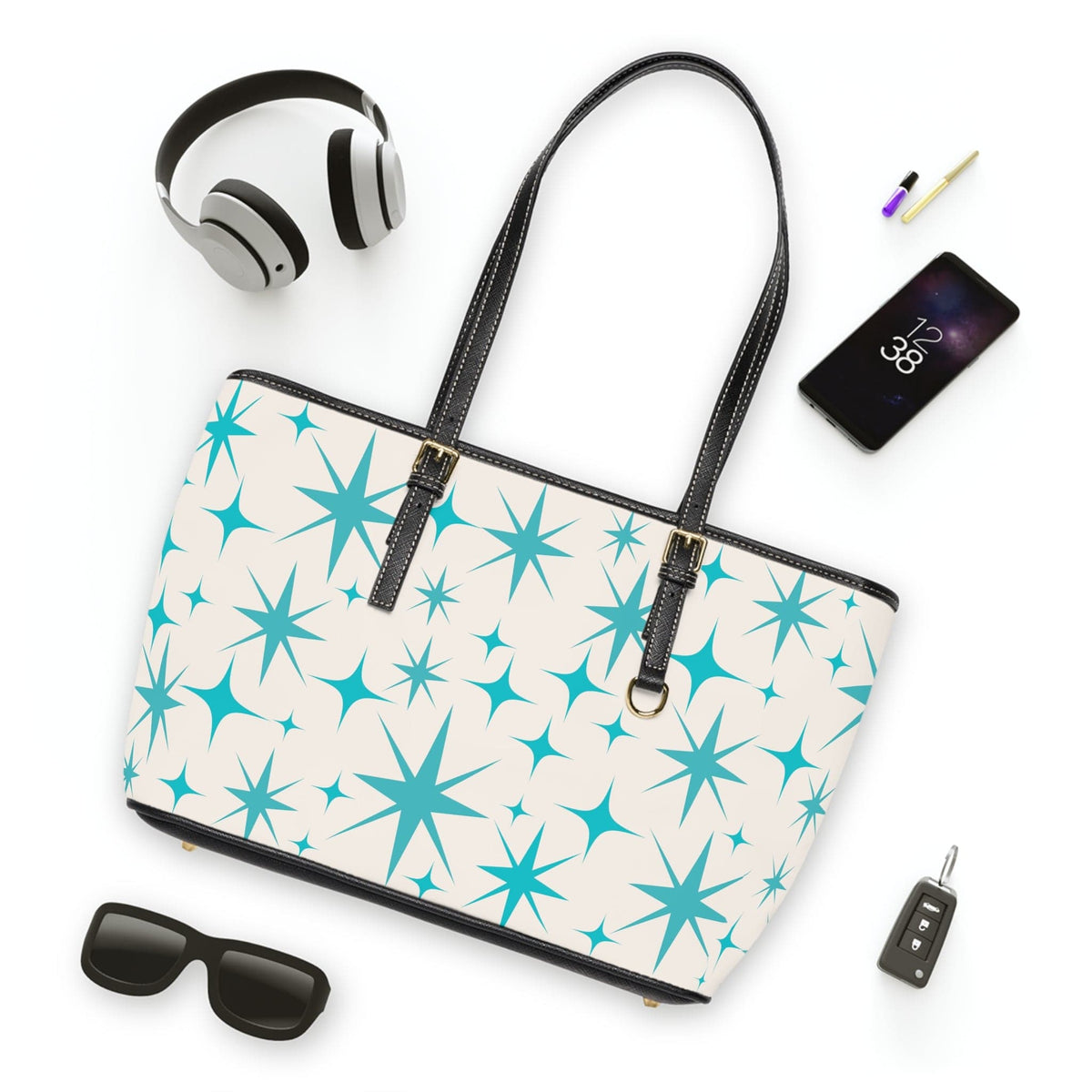 Atomic Starbust, Mid Mod Retro Creamy Vanilla, Aqua Blue Shoulder Bag Bags 16" x 10" / Black
