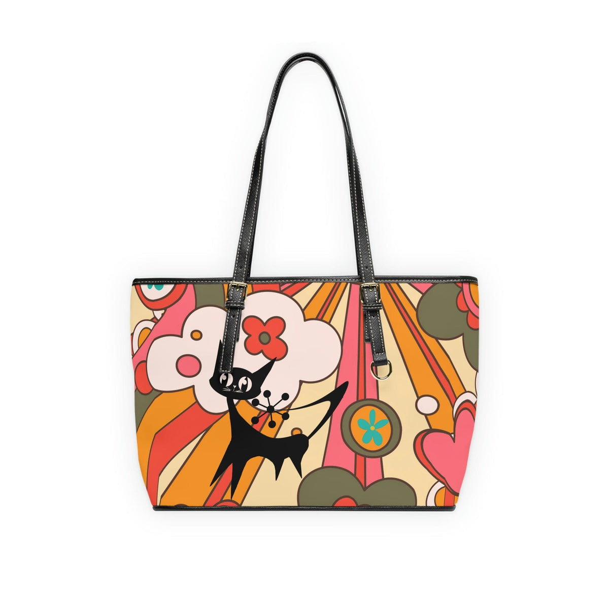 Groovy 70's Atomic Kitschy Cat, Retro Sun, Floral Fun And Funky Leather Shoulder Bag Bags 16" x 10" / Black