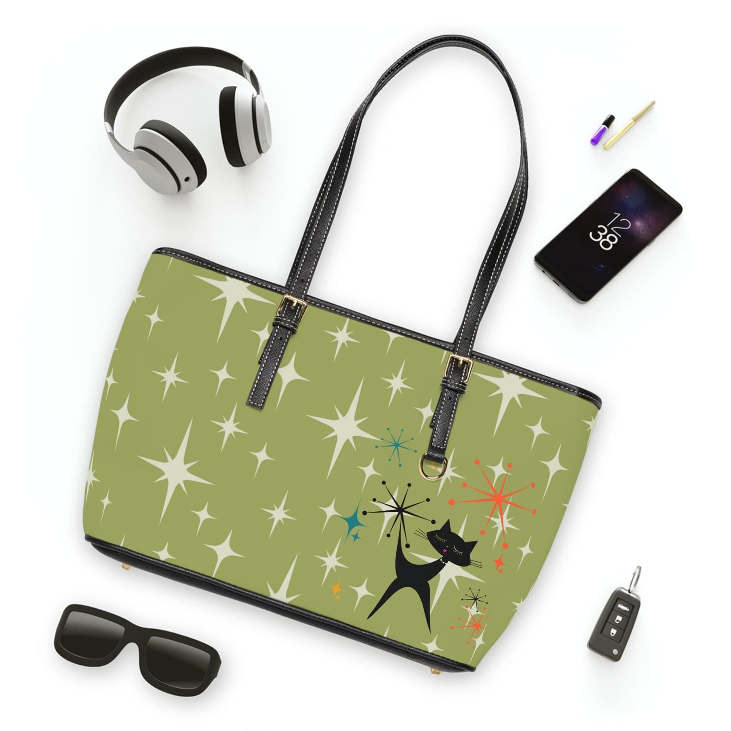 Mid Century Atomic Starburst Green, Atomic Kitschy Cat, Retro  Shoulder Bag Bags 16&quot; x 10&quot; / Black