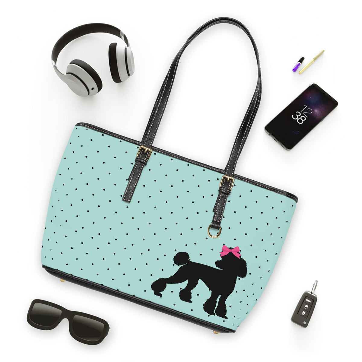 Mid Mod, Aqua Blue, Polka Dot, 50's Style, Poodle Shoulder Bag Bags 16" x 10" / Black